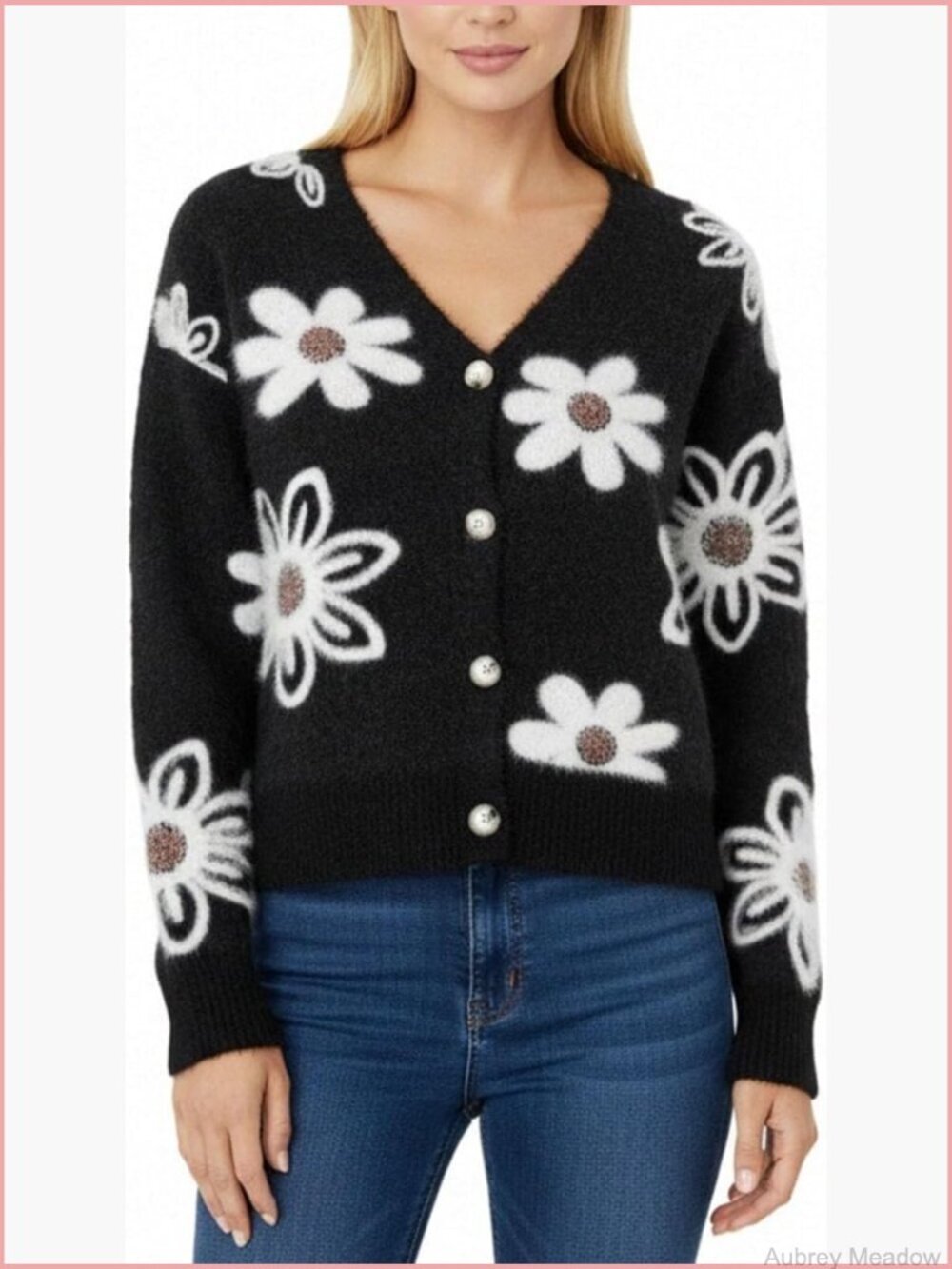 Floral Print Cardigan Sweater Button-Down Furry Outerwear Casual V-Neck Knit